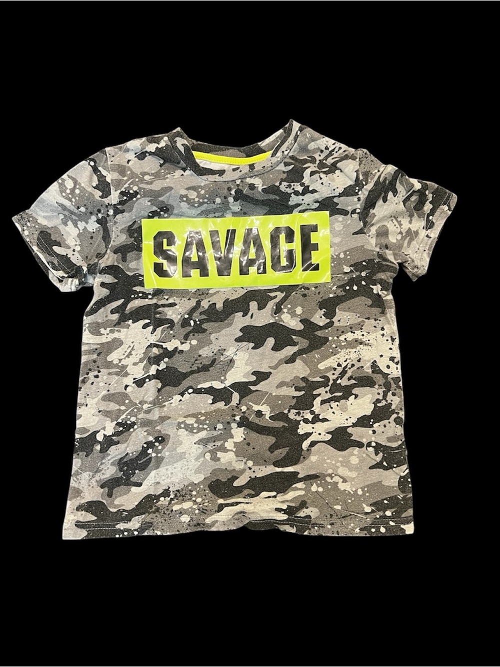 Highland Outfitters Gray Camo 'SAVAGE' Graphic Tee with Neon Green Accent